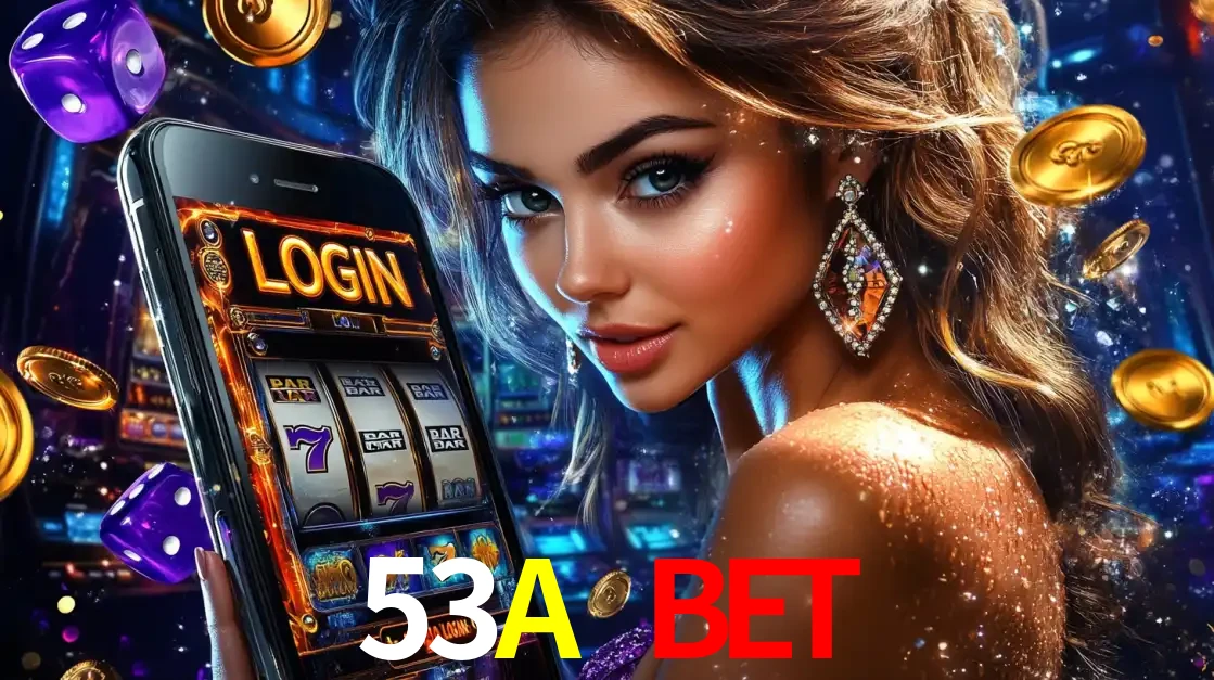 Mulher glamorosa segurando um smartphone com a tela de login para os jogos de caça-níqueis do cassino online 53A BET, com moedas de ouro e dados ao redor.