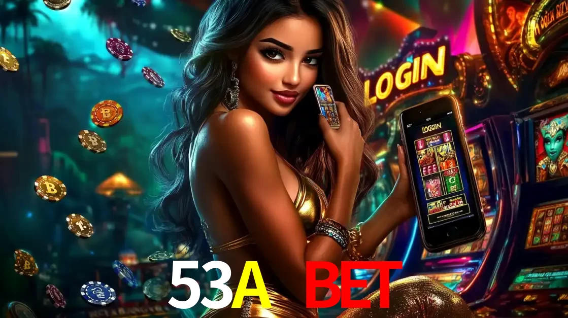 Mulher em um cenário de cassino temático de aventura, mostrando o app de caça-níqueis da 53A BET no celular. Fichas de apostas flutuam ao redor.