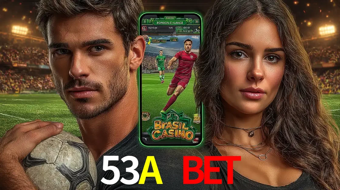 Homem segurando uma bola de futebol e uma mulher ao lado de um smartphone exibindo o jogo de apostas esportivas da 53A BET. Faça seu palpite no cassino online.